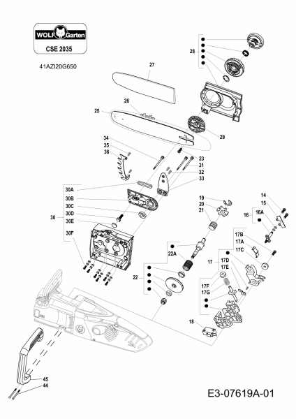 Ersatzteile WOLF-Garten Elektrokettensäge CSE 2035 Typ: 41AZI20G650  (2016) Kette, Schwert 