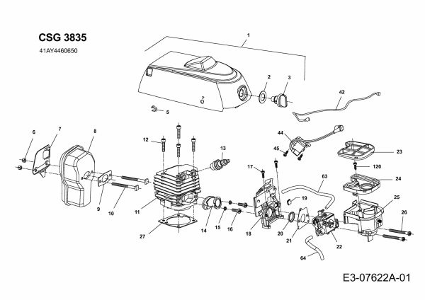 Ersatzteile WOLF-Garten Benzin Kettensäge CSG 3835 Typ: 41AY4460650  (2014) Zylinder, Auspuff, Luftfilter, Vergaser 
