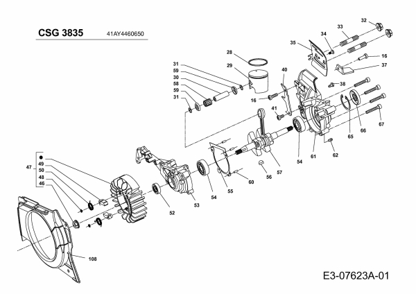 Ersatzteile WOLF-Garten Benzin Kettensäge CSG 3835 Typ: 41AY4460650  (2013) Kurbelgehäuse, Kurbelwelle, Kolben 