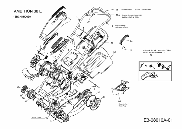 Ersatzteile WOLF-Garten Elektro Rasenmäher ohne Antrieb Ambition 38 E Typ: 18BCH4H2650  (2015) Grundgerät 