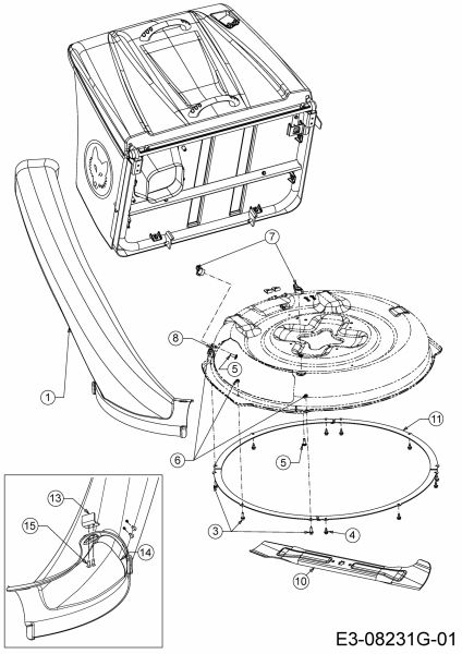 Ersatzteile WOLF-Garten Rasentraktor Scooter Pro Typ: 13C226HD650  (2019) Auswurfschacht, Deflektor, Messer 