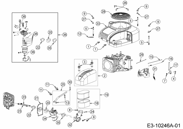 Ersatzteile MTD-Motoren Vertikal 4P90JHB Typ: 752Z4P90JHB  (2013) Luftfilter, Motorhaube, Reglergestänge, Vergaser