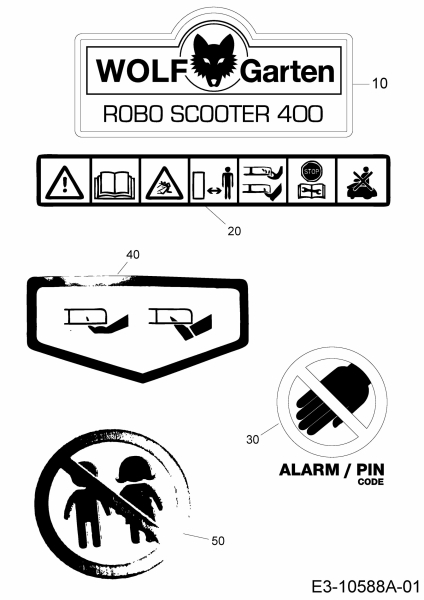 Ersatzteile WOLF-Garten Mähroboter Robo Scooter 400 Typ: 18AO04LF650  (2014) Aufkleber 