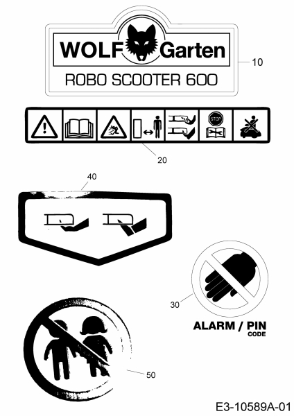 Ersatzteile WOLF-Garten Mähroboter Robo Scooter 600 Typ: 18AO06LF650  (2014) Aufkleber 
