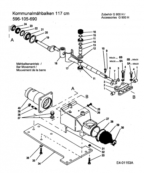 Ersatzteile Zubehör Einachser Kommunalmähbalken 117cm für G 900 H Typ: 596-105-690  (2005) Mähbalkenantrieb