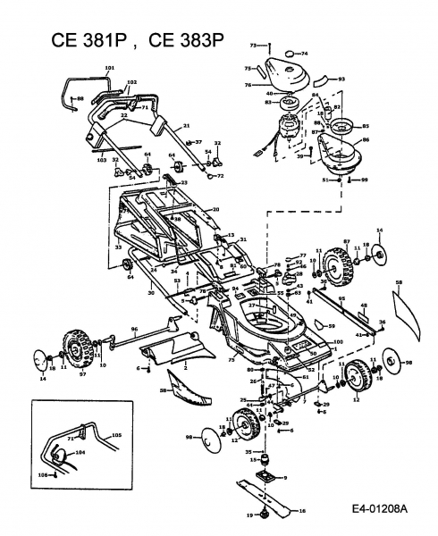 Ersatzteile MTD Elektro Rasenmäher ohne Antrieb CE 381 P Typ: 901E383P001  (1994) Grundgerät 