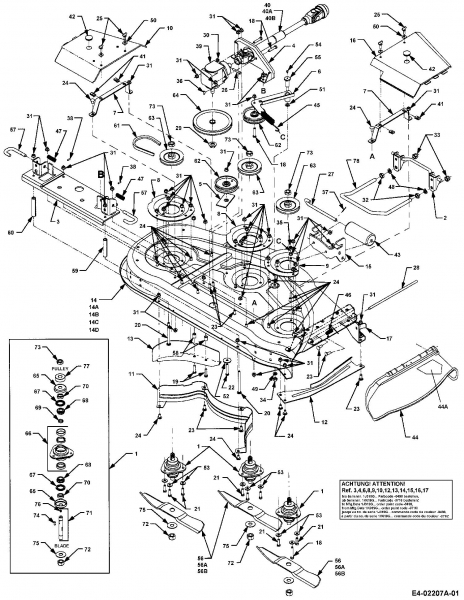 Ersatzteile Zubehör Garten- und Rasentraktoren Mähwerke für 3000 SD Serie, Mähwerk 48/122cm Typ: 190-289-603  (2000) Antriebswelle, Getriebe, Keilriemen, Messer