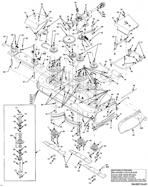 Ersatzteile Zubehör Garten- und Rasentraktoren Mähwerke für 3000 SD Serie, Mähwerk 54/137cm Typ: 190-290-100  (1998) Antriebswelle, Getriebe, Keilriemen, Messer
