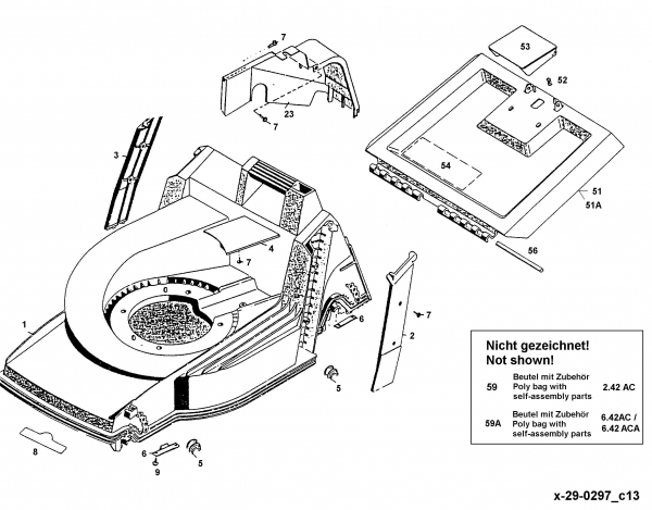 Ersatzteile WOLF-Garten Akku Rasenmäher ohne Antrieb 6.42 AC Typ: 4943000 Serie B  (1997) Heckklappe, Mähwerksgehäuse 